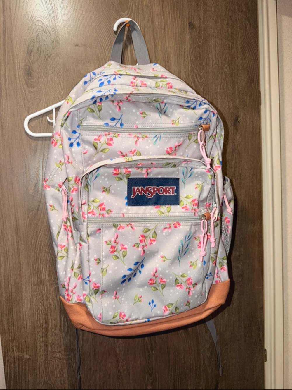 JanSport Light Gray Floral Backpack with Pink Accents